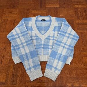 Fashion Nova 'Living The Comfy Life Cropped Sweater' in Plaid Blue L